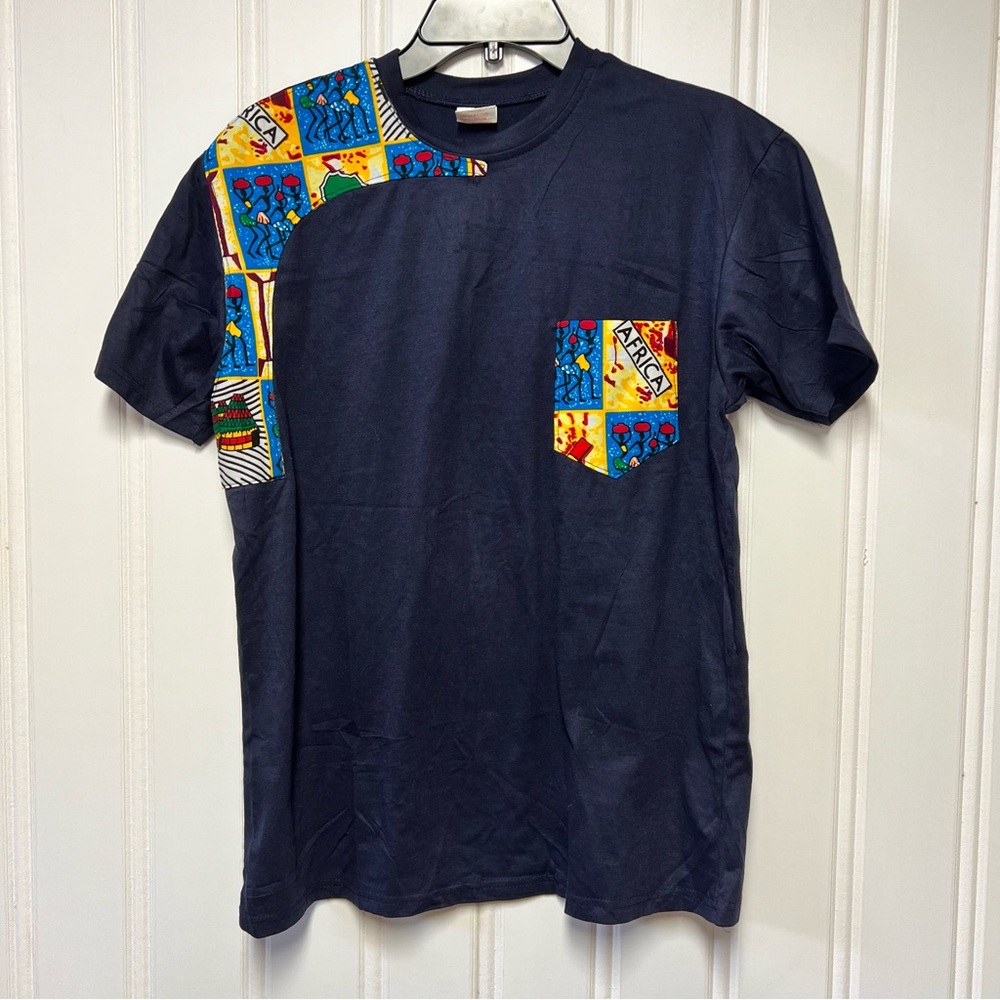 African Print Patchwork Tee | Navy Blue | Handmade Style | Unisex